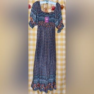 Smocked XL boho print maxi dress w balloon sleeves NWT